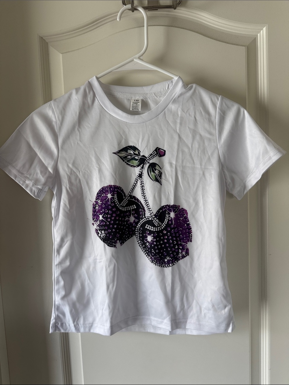 Kids White Tee with Sparkle Purple Cherry Graphic / A21